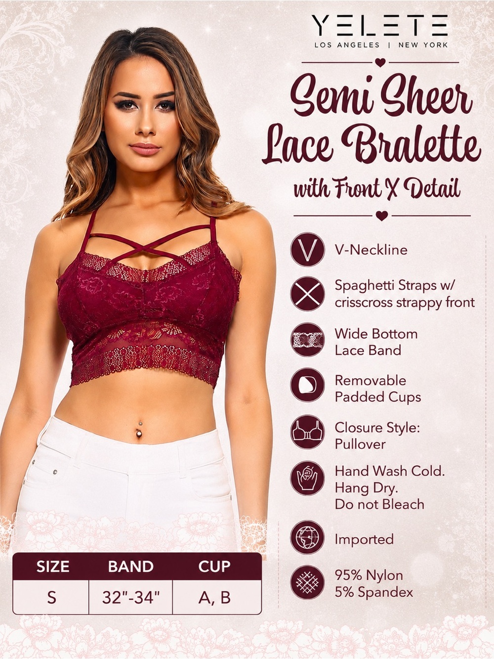 Semi Sheer Lace Bralette with Front X Detail